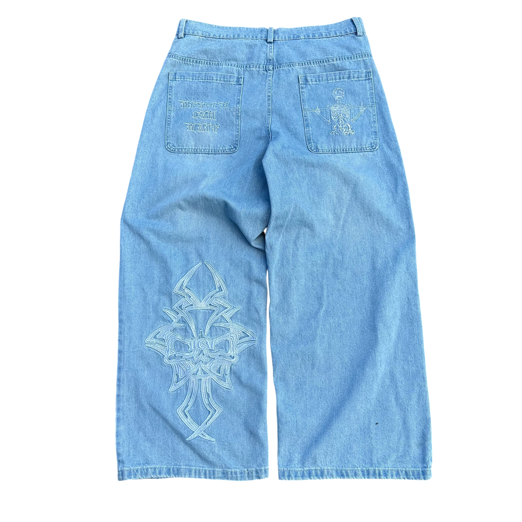 V2 SKULL JEANS (BLUE) heavencanwait.store