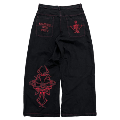 V2 SKULL JEANS (BLACK/RED) heavencanwait.store