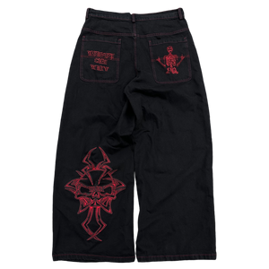 V2 SKULL JEANS (BLACK/RED) heavencanwait.store